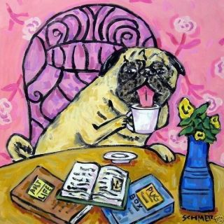 Pug At The Coffee Shop 4.  25 Sq Dog Art Tile Coaster Cafe Gift
