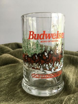 Vintage Budweiser Clear Glass Beer Mug Clydesdale Holiday Stein Anheuser