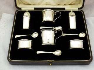 Large Six Piece Sterling Silver Cruet / Condiment Set Chester 1927 - Cased