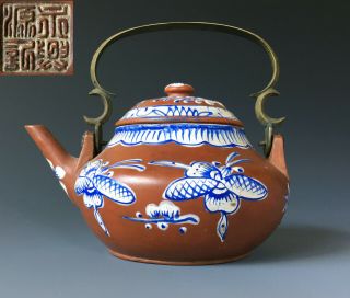 Antique Chinese Yixing Enameled Teapot Thai Market Signed Cricket Bronze 19th