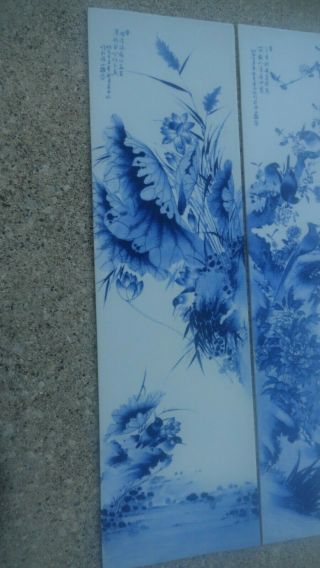 2 vintage panels plaques chinese porcelain blue white birds painted 8 3/4 x 30 2