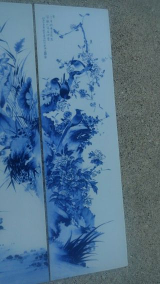 2 vintage panels plaques chinese porcelain blue white birds painted 8 3/4 x 30 4