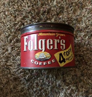 Vintage Folgers Coffee Tin 1lb With Lid 1940s - 1950s 4 Cents Off