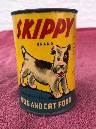Rare Vintage Skippy Brand Dog Food & Cat Food Tin Can Paper Label Bank Made Usa