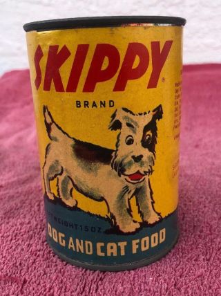 Rare Vintage SKIPPY Brand Dog Food & Cat Food Tin Can Paper Label Bank Made USA 3