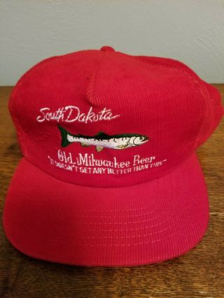 Vintage Old Milwaukee Beer Adult Red Trucker Snapback Hat Cap Corduroy Fish