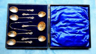 Antique English Sterling Silver Teaspoon Set 1906 By Walker & Hall Boxed W41