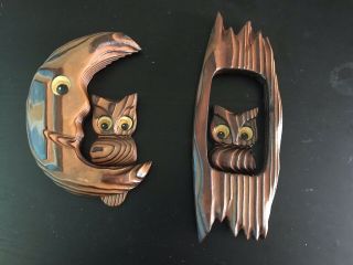 Vintage 1960’s 2 Set Owl And Moon Wall Hanging