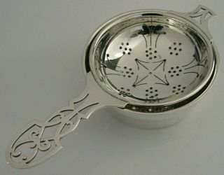 ENGLISH ART NOUVEAU STYLE STERLING SILVER TEA STRAINER AND DRIP BOWL 1972 2
