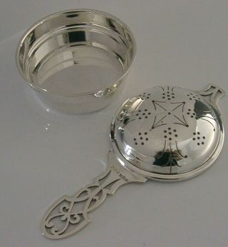 ENGLISH ART NOUVEAU STYLE STERLING SILVER TEA STRAINER AND DRIP BOWL 1972 3