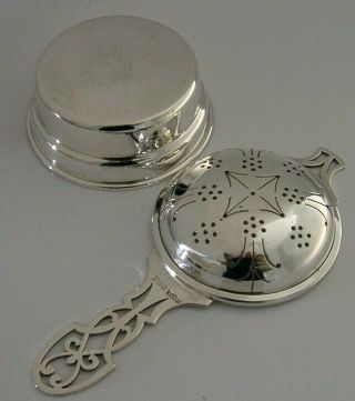 ENGLISH ART NOUVEAU STYLE STERLING SILVER TEA STRAINER AND DRIP BOWL 1972 4