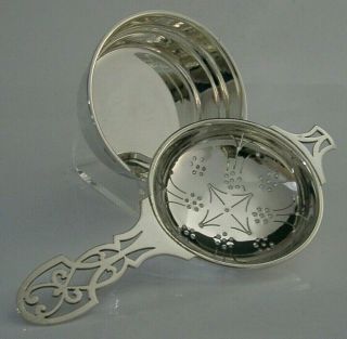 ENGLISH ART NOUVEAU STYLE STERLING SILVER TEA STRAINER AND DRIP BOWL 1972 5