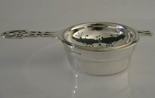 ENGLISH ART NOUVEAU STYLE STERLING SILVER TEA STRAINER AND DRIP BOWL 1972 7