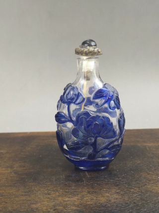 A Chinese 19c Blue Overlay Glass Snuff Bottle - Qing Dynasty