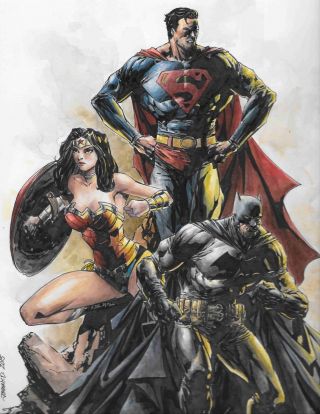 Superman Batman Wonder Woman Trinity Watercolor Painting Johnny Desjardins 9x12