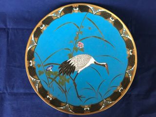 Good Antique Japanese Meji Cloisonne Crane And Bamboo Plate.  1