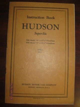 Instruction Book For Hudson Six 1928