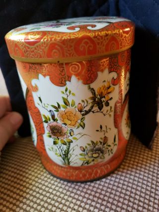 Vintage Tea Cookie Tin Floral Blossoms Round Orange Made England