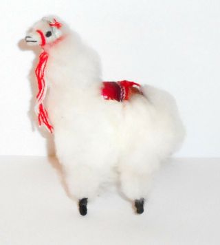Vintage Llama Real Wool Toy Alpaca Figure White Leather Ears Woven Red Saddle