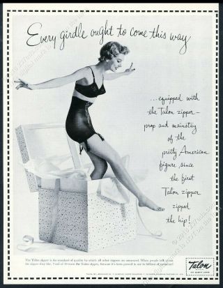 1954 Woman Lingerie Black Bra Girdle In Surprise Box Photo Talon Zipper Print Ad