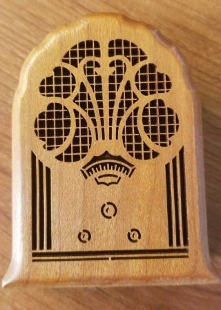 Vintage Lasercraft " Memories " Carved Wood Music Box Miniature Old Radio Shape