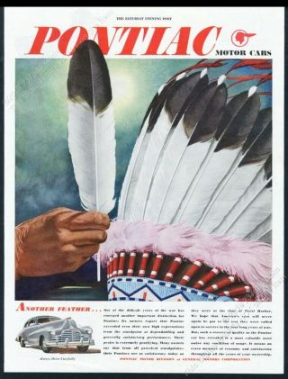 1946 Native American Indian Chief Headdress Art Pontiac Car Vintage Print Ad