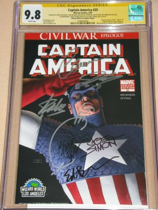 Captain America 25 Cgc 9.  8 Ss Signed By Stan Lee Joe Simon Chris Evans Quesada