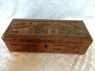 Antique Chinese Canton Carved Wooden Box Figures Scholars Patination