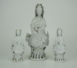 Group Of Three Antique Chinese Blanc De Chine Guanyin Immortal Figurine 19th C