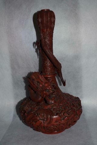 Japanese 19th C Meiji Signed Carved Cinnabar Lacquer Dragon Vase Bearing Seal