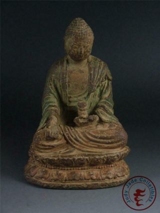 Very Large Antique Old Chinese Painted Wood Carved Buddha Statue Sakyamuni