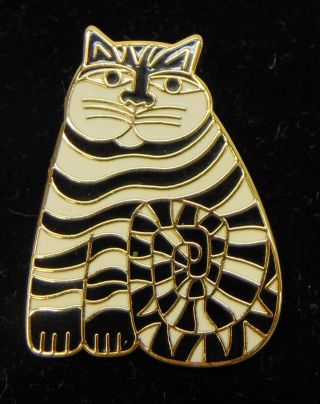 Vintage 1980s Laurel Burch Signed Shambala Pin Pendant Black White Stripe Cat