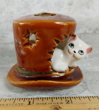 Vintage 2 " White Happy Kitty Cat In Holey Hobo Top Hat Ceramic Figurine,  Japan