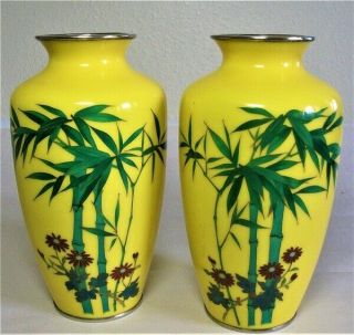 Pair Vintage Japanese Imperial Yellow Cloisonne Vases