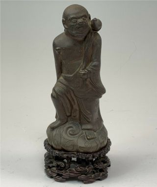 Antique Chinese Bronze Statue Of Immortal Or Scholar On Teakwood Stand