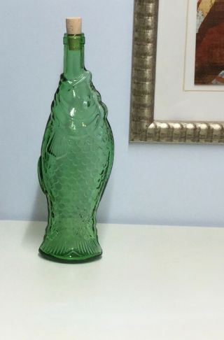 Vintage Italian Green Glass Fish Shaped Wine Bottle Antinori Decanter 1973