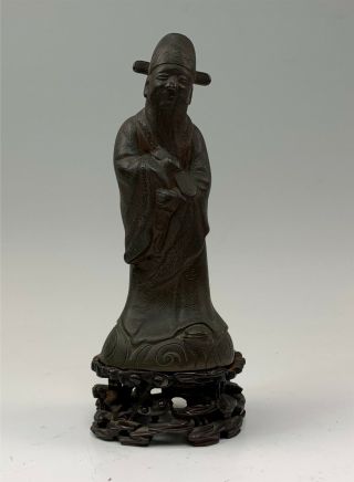 Antique Chinese Bronze Statue Of Immortal Figure On Teakwood Stand