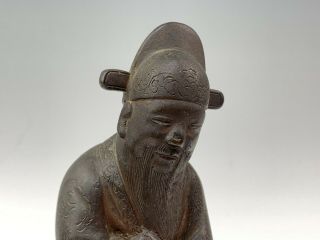Antique Chinese Bronze Statue of Immortal Figure on Teakwood Stand 3