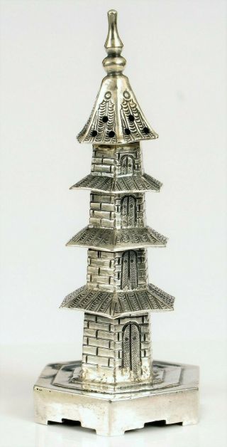 Antique Signed Wf Chinese Export Silver Spice / Pepper Shaker Temple Pagoda