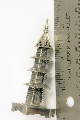 ANTIQUE SIGNED WF CHINESE EXPORT SILVER SPICE / PEPPER SHAKER TEMPLE PAGODA 4