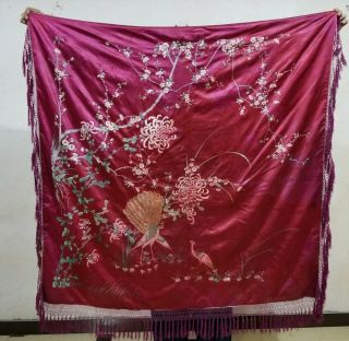 Antique Chinese Silk Hand Embroidered Wall Hanging Panel 134x130 (y14)