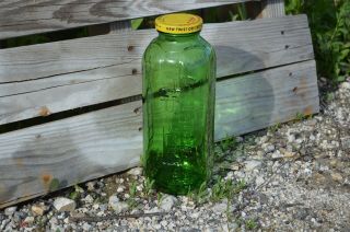 Vintage Emerald Green Glass Water Juice Bottle Refrigerator 40 Oz Yellow Lid
