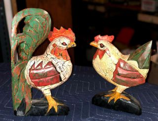 Wooden Carved Rooster & Hen - Rustic Finish - Folk Art