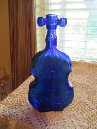 Vtg Deep Cobalt Blue Glass 8 " Cello Violin Fiddle Shaped Decanter Bottle Vase 5