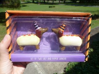 Boxed Set Of Halloween Dachshund Weiner Hot Dogs Witches Salt & Pepper Shakers