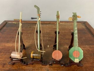 20th C.  Chinese Four Jade And Hardstone Miniature Instruments