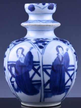 17thc Chinese Kangxi Blue & White Long Elisa Scenic Porcelain Gourd Vase Hookah