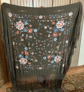 Antique Chinese Hand Embroidered Silk Piano Shawl 51 " X 52 " Fringe 18 "