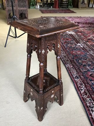Antique Turkish Ottoman Arts Crafts Era Carved Kufic Square Top Table & Shelf