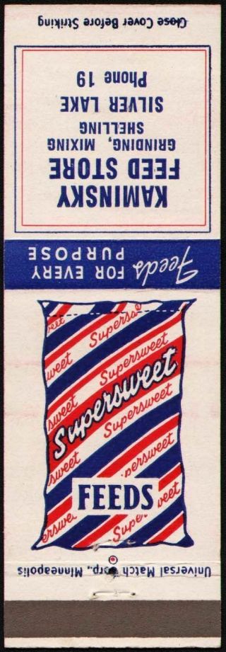 Vintage Matchbook Cover Supersweet Feeds Bag Pictured Silver Lake Minnesota Nrmt